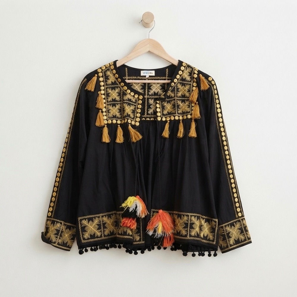 Velzera Embroidered Tassel Topper Jacket Black Gold Hippie Bohemian Chic Small‎